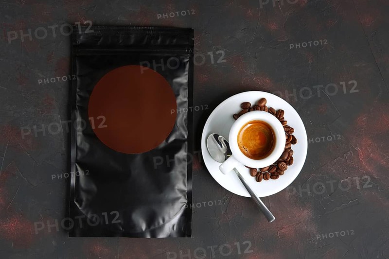Cup of coffee and vacuum coffee package. Pack template for your design and branding