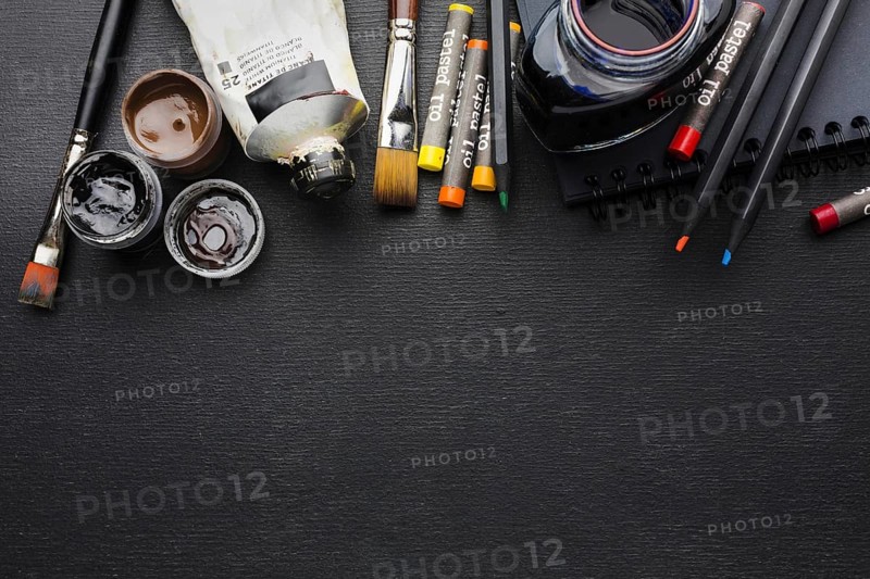 Top view various brushes crayons copy space. Resolution and high quality beautiful photo
