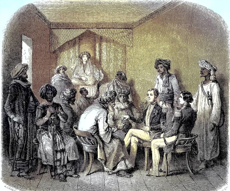 Commander Desfosses in Yoube-Soudi concluding a treaty with the Iman of Muscat and Oman