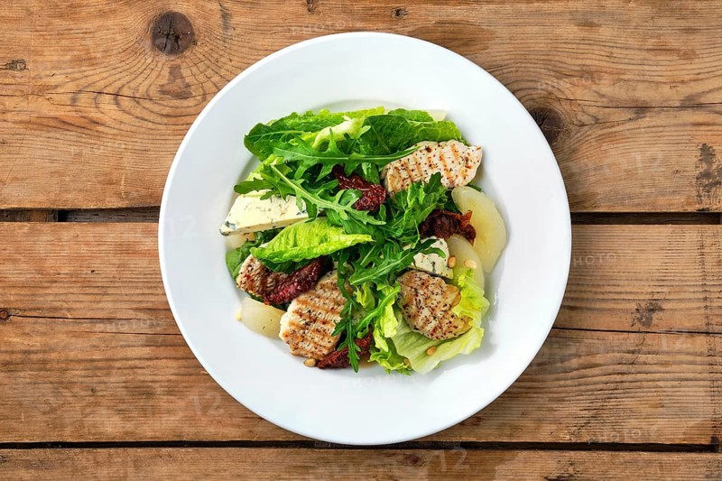 Overhead view of salad with roasted turkey