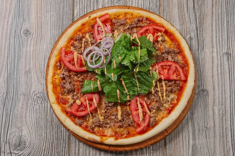 Top view of pizza with meat