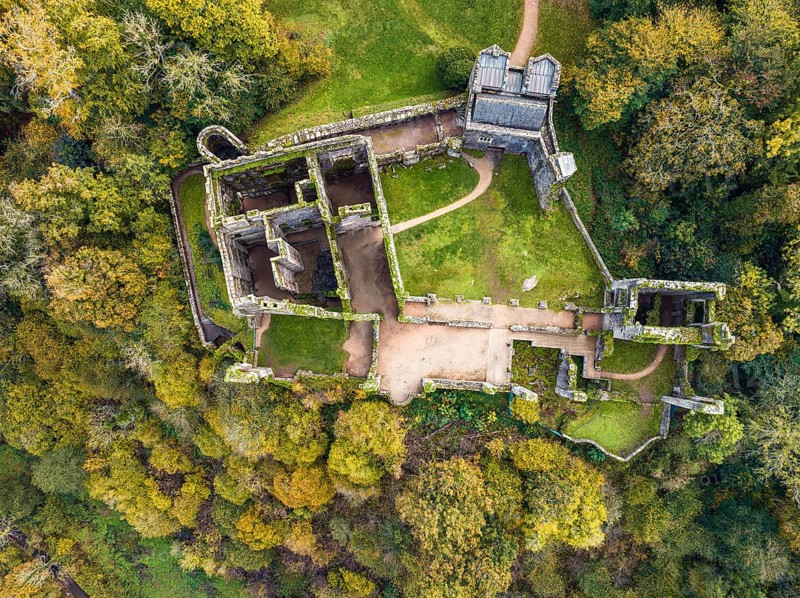 Top Down over Berry Pomeroy Castle from a dron