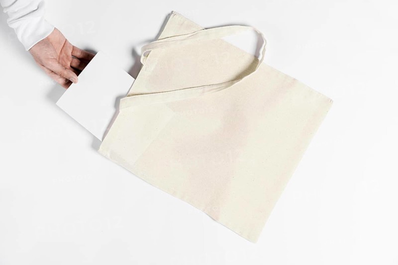 Person holding book from tote bag