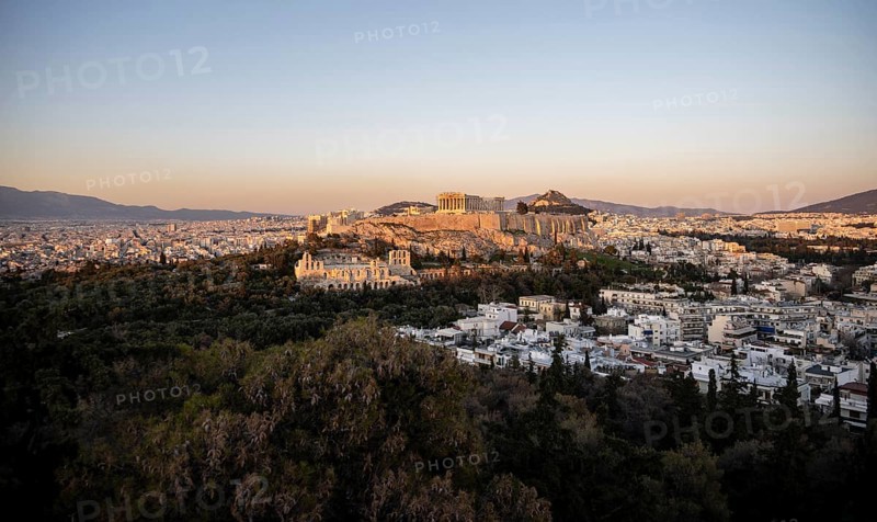 View from Philopappos Hill over the city at sunset