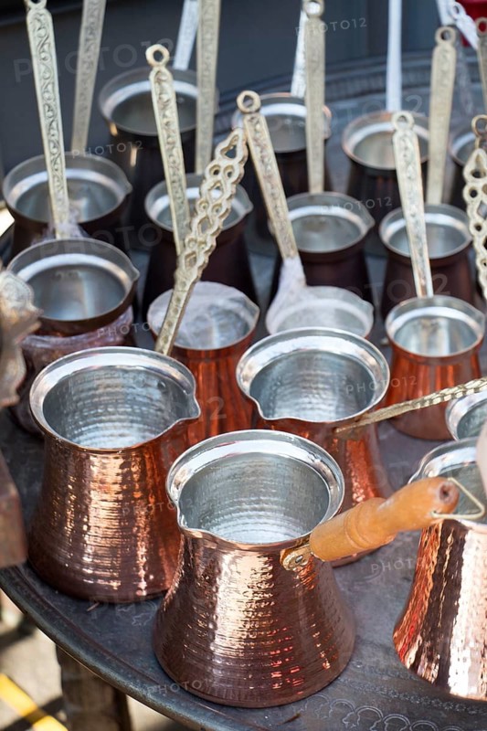Turkish coffee pots made of metal in a traditional style