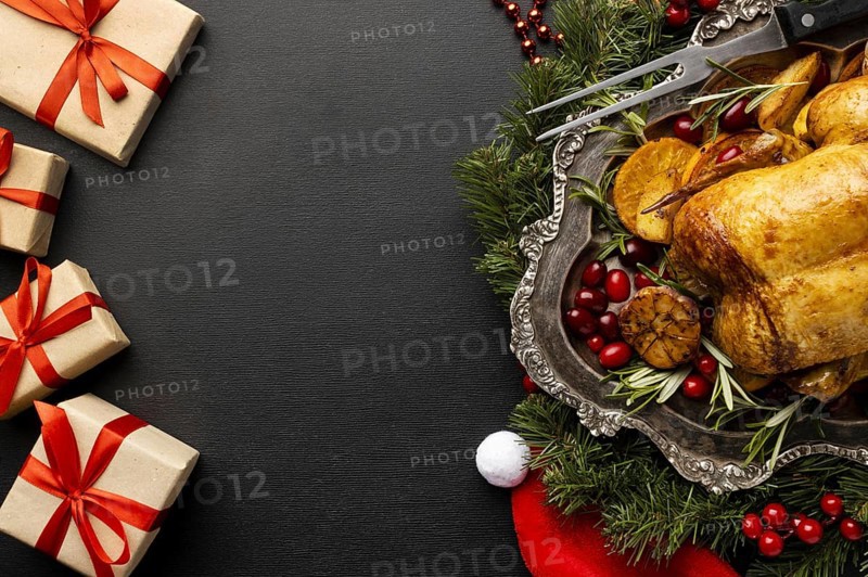 Flat lay delicious christmas food assortment with copy space