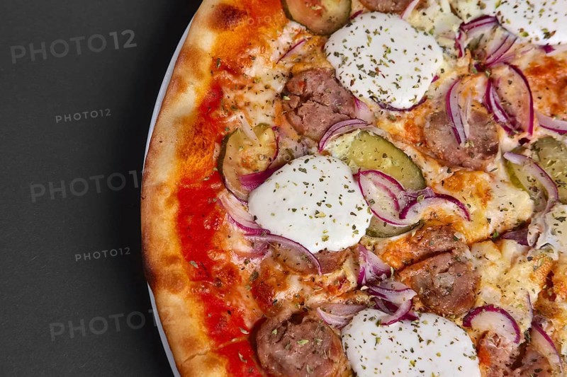 Top view of pizza with sausage