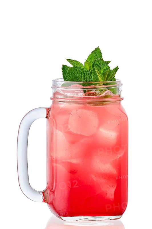 Cold strawberry lemonade in mason jar isolated on white background