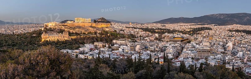 View from Philopappos Hill over the city at sunset