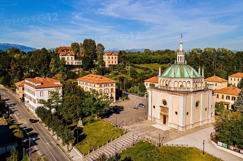 Aerial of the Unesco world heritage site "company town". Crespi dÂ´Adda
