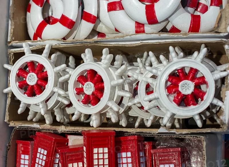 Set of wooden steering wheels of a boat