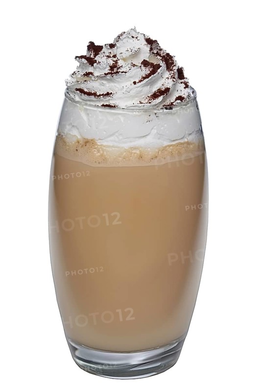Big transparent glass of coffee cocktail with whipped cream