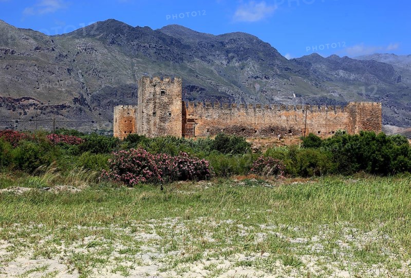 View of the fortress of Frangokastello on the southern coast of the Mediterranean island and the Kryoneritis mountains in the background
