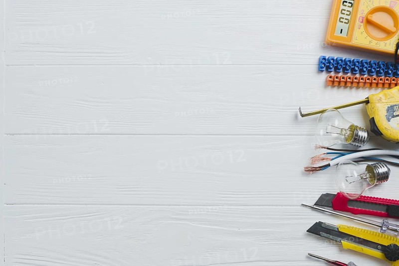 Electrical tools equipment white table
