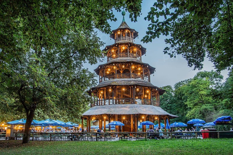 Beer garden at the Chinese Tower in the English Garden at dusk
