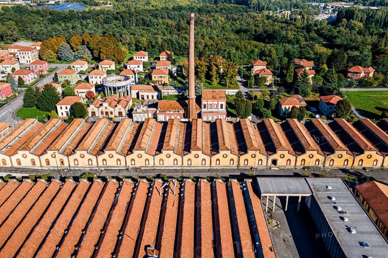 Aerial of the Unesco world heritage site "company town". Crespi dÂ´Adda