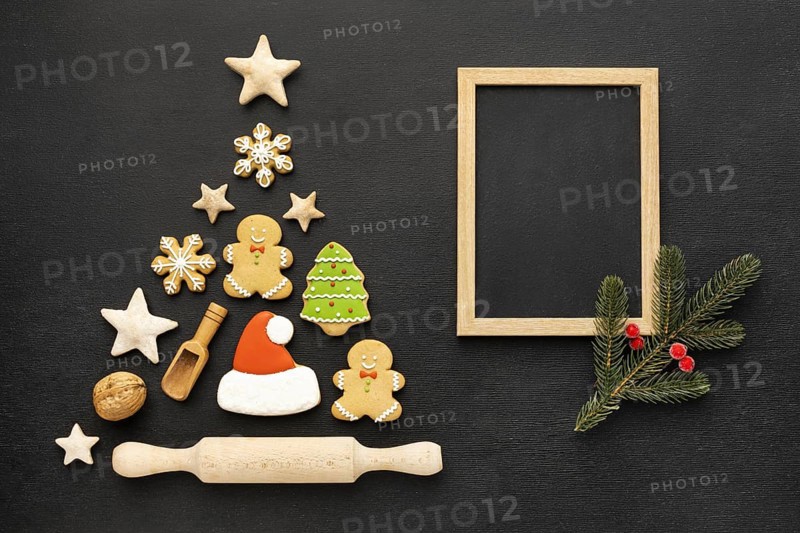 Top view christmas gingerbread cookies assortment with empty frame. Resolution and high quality beautiful photo