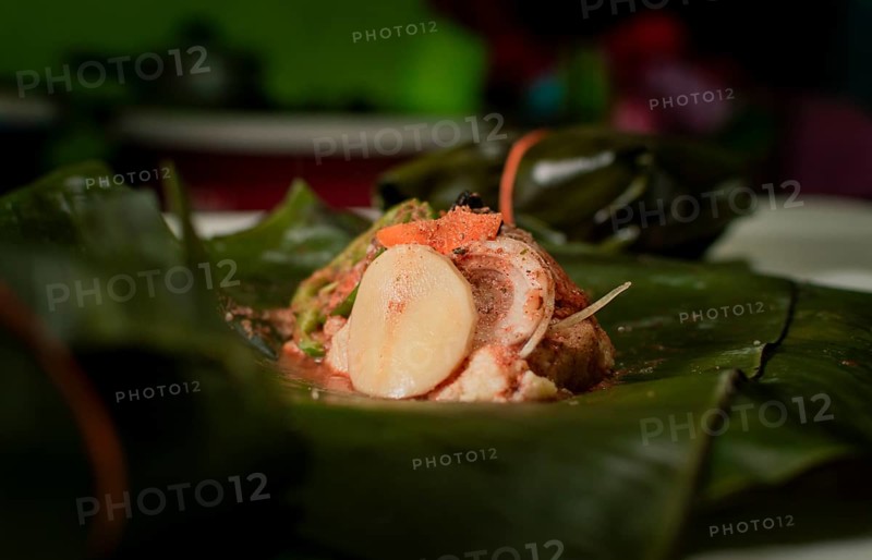 Nacatamal ingredients on banana leaves