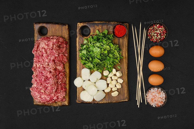 Raw ingredients and spices for lamb kebab