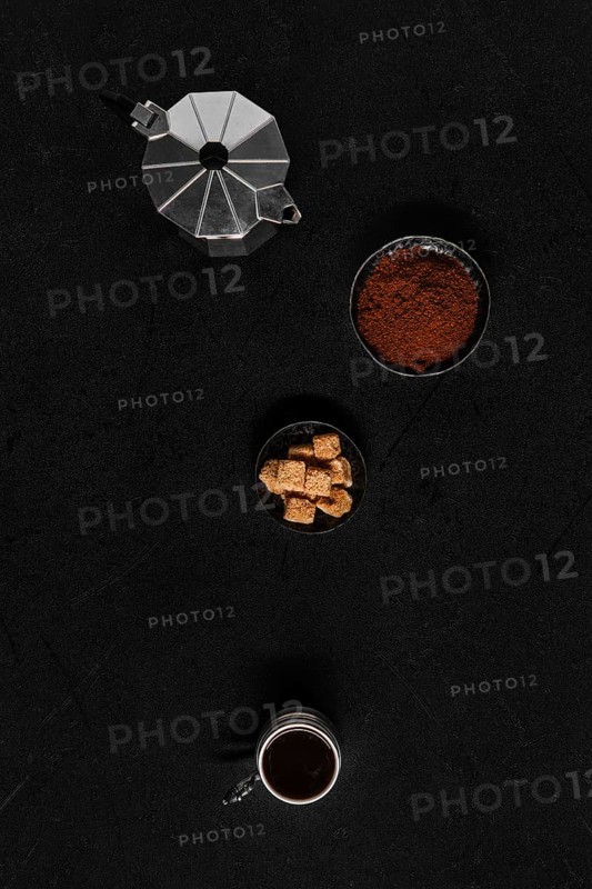 Overhead view of cup with espresso coffee