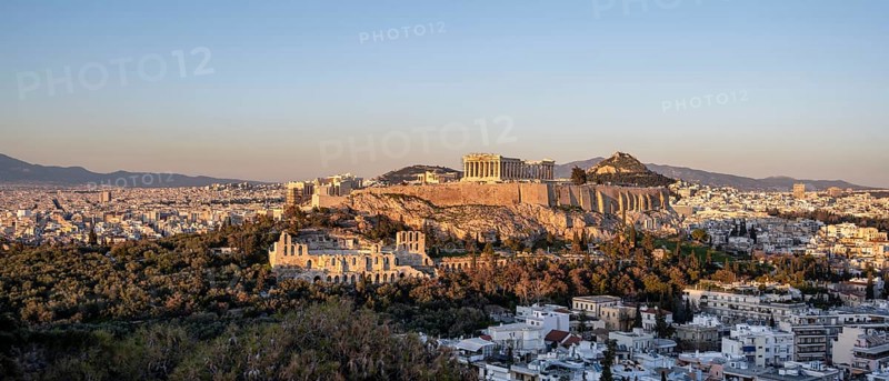 View from Philopappos Hill over the city at sunset