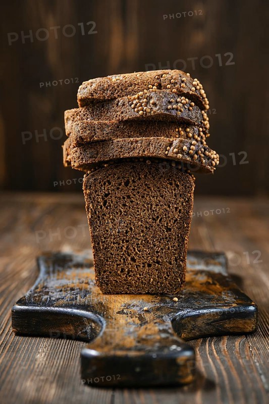 Closeup view of fresh rye brown bread on wooden cutting board