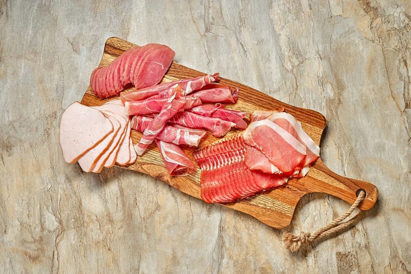 Top view of meat plate snack for wine