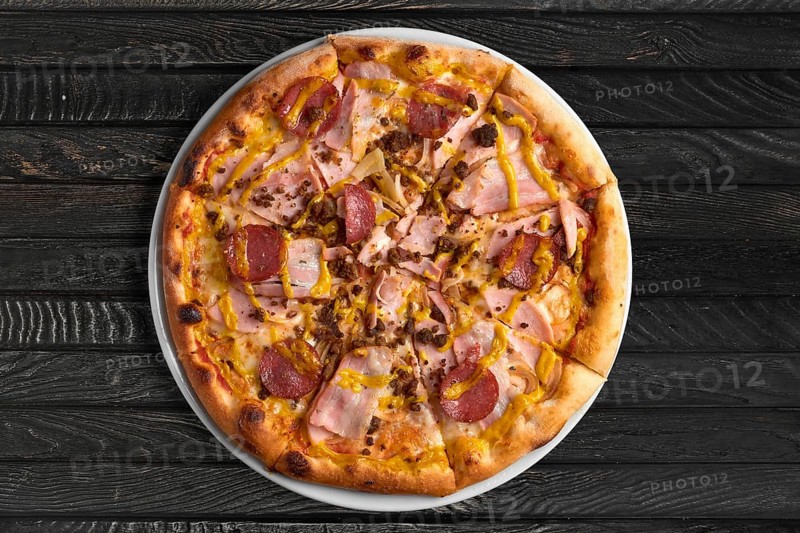 Overhead view of pizza on the table