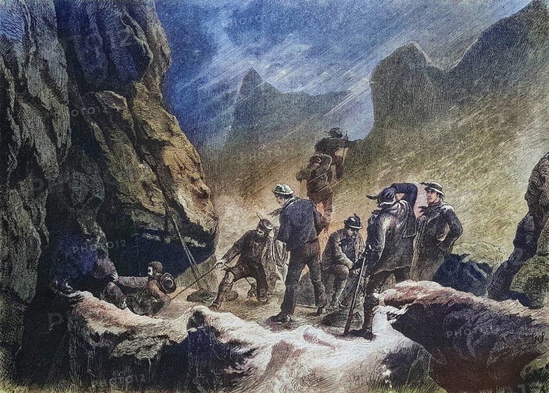Mountaineer Rappelling Down a Chimney