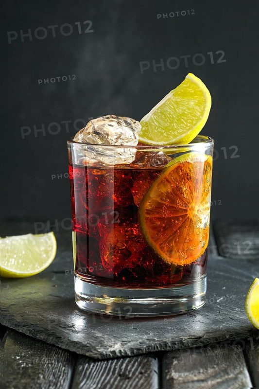 Rum and cola cocktail on dark background