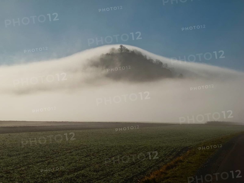 View of the Hohenkarpfen in the fog