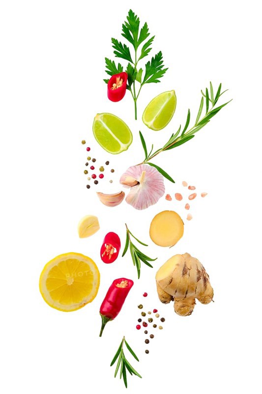 Spicy and fragrant food condiments isolated on white background