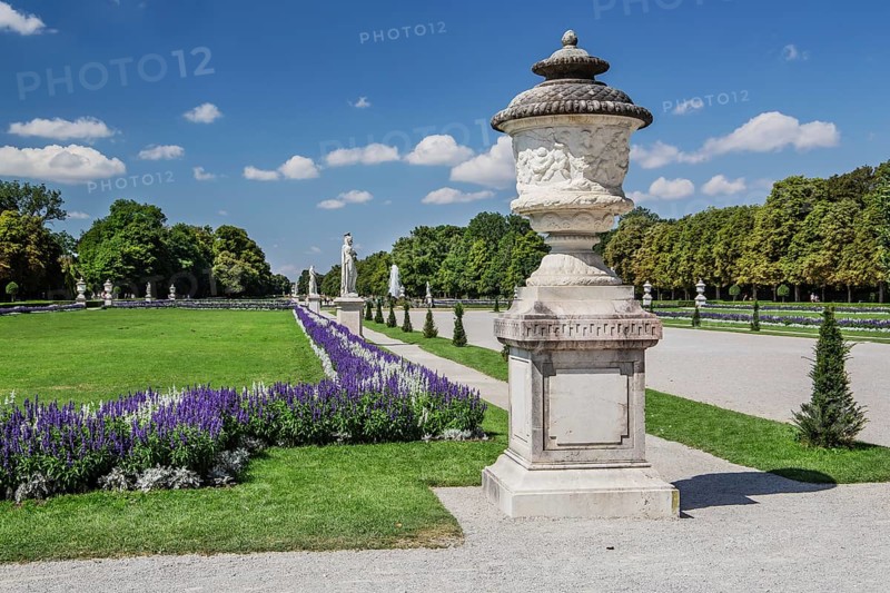 Baroque garden parterre with sculptures in the palace park of Nymphenburg Palace