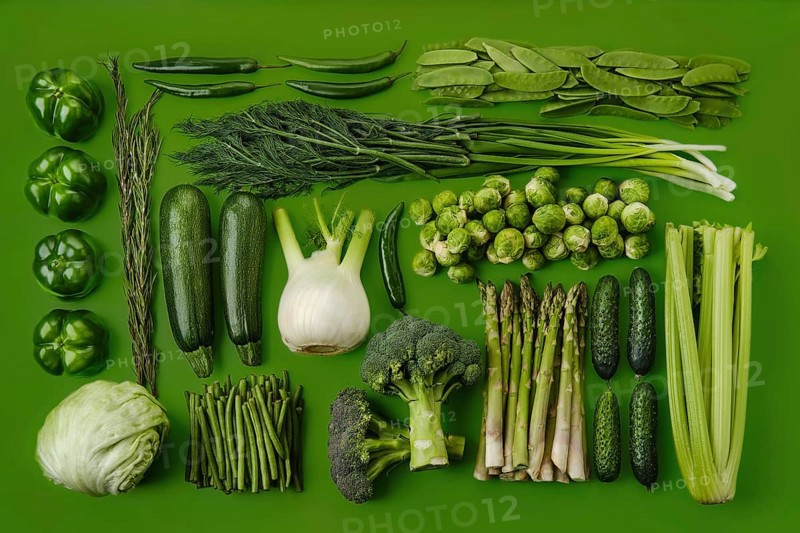 Rectangular composition with various green vegetables on green background
