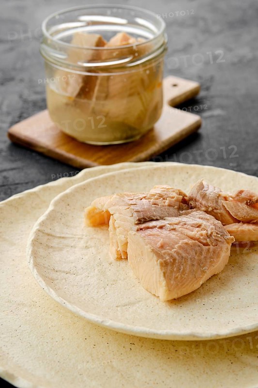 Closeup view of canned sea trout on a plate