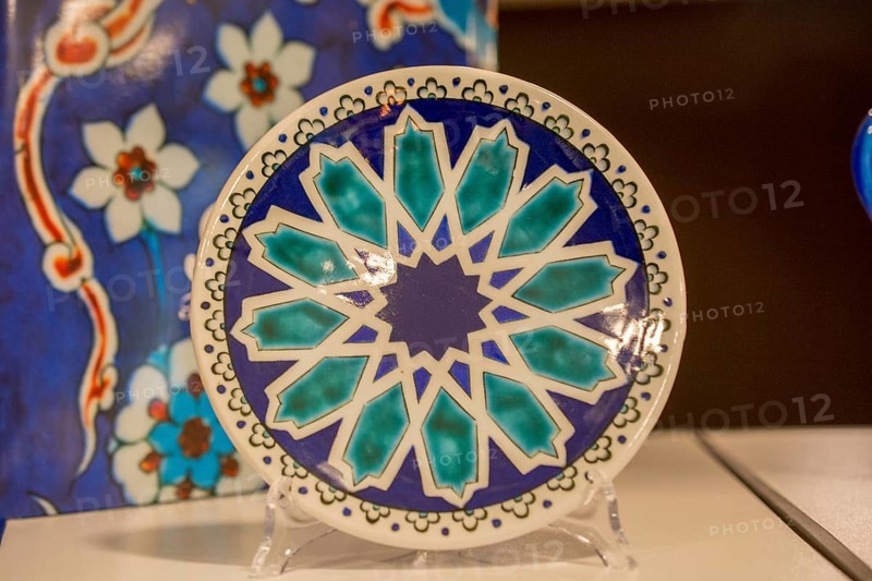 Traditional Turkish ceramic pottery items in bazaar