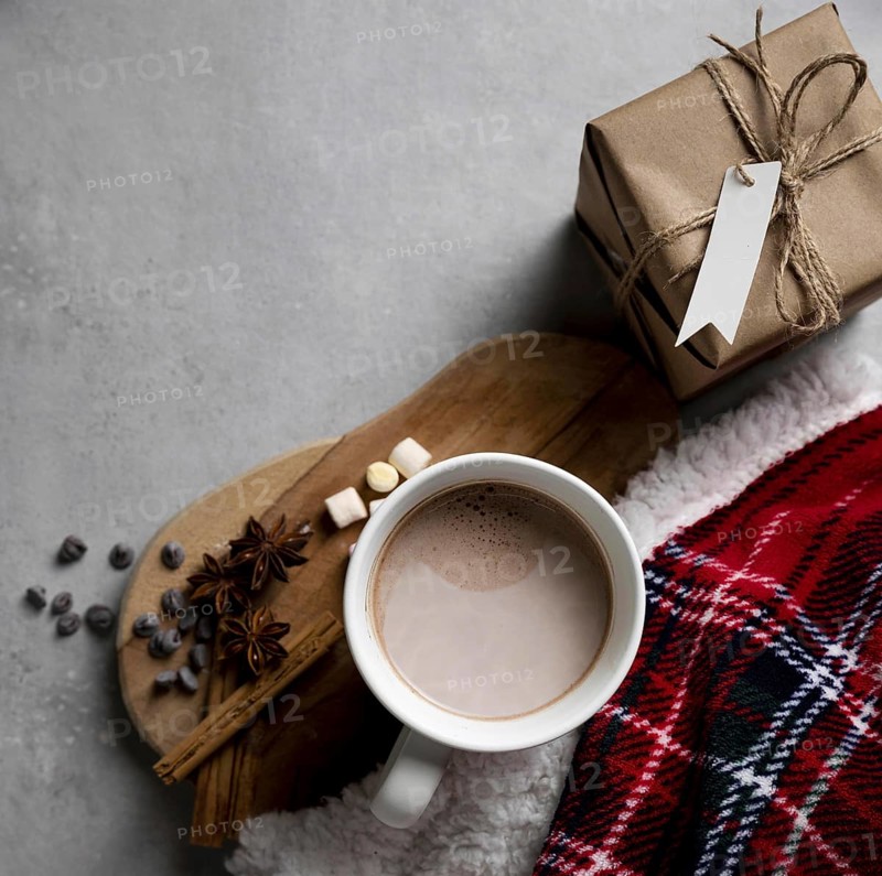 Top view winter hygge elements with cup hot chocolate. Resolution and high quality beautiful photo