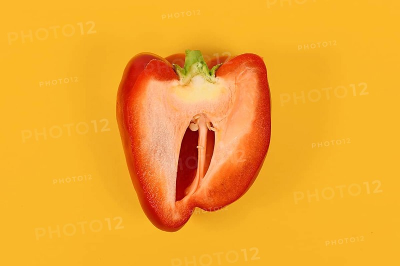 Red bell pepper cat open on yellow background