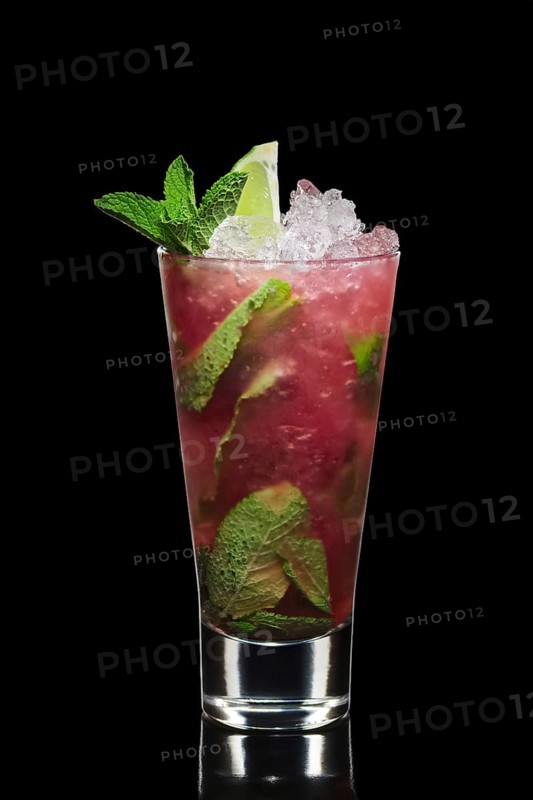Variation of mojito cocktail with strawberry syrup isolated on black