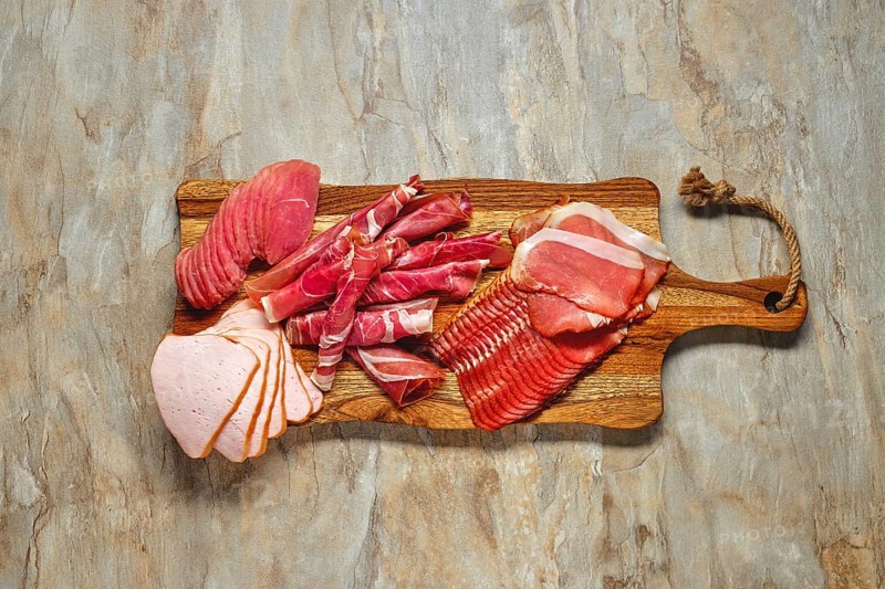 Top view of meat plate snack for wine