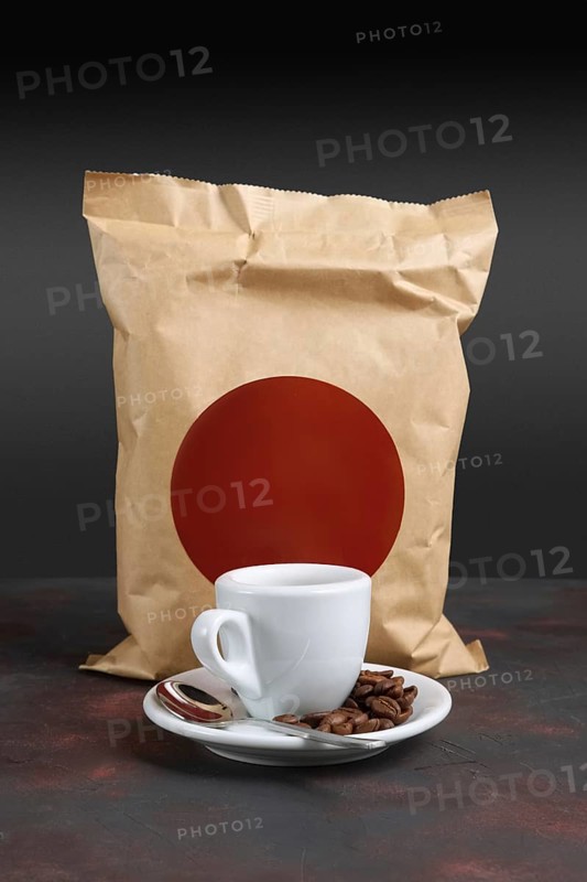 Cup of coffee and vacuum coffee package. Pack template for your design and branding
