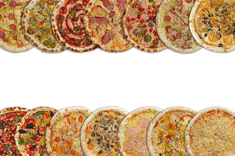 Horizontal collage of different baked pizzas isolated on white. Top view