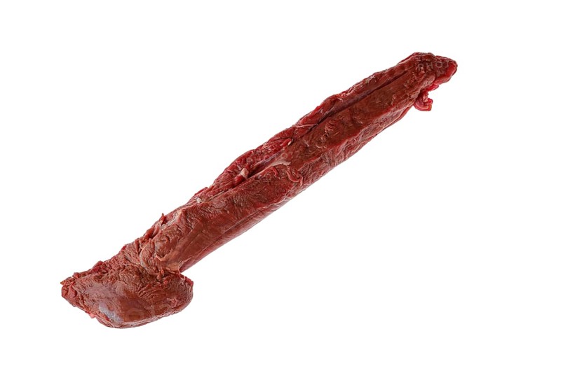 Overhead view of raw fresh top round beef strip isolated on white background
