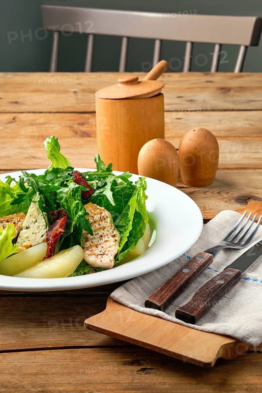 Close up view of salad with roasted turkey