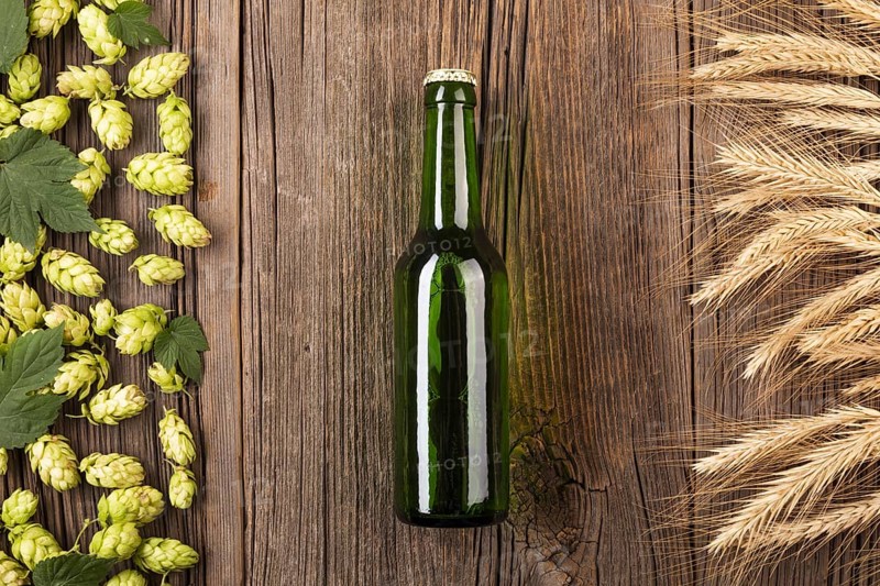 Top view beer bottle with ingredients. Resolution and high quality beautiful photo