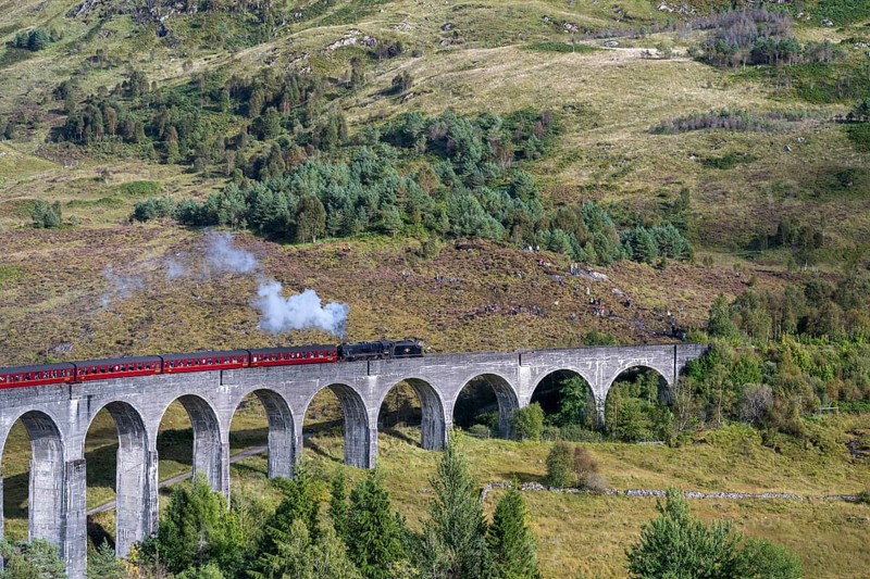 Glenfinnan Viaduct from the Harry Potter films with steam locomotive