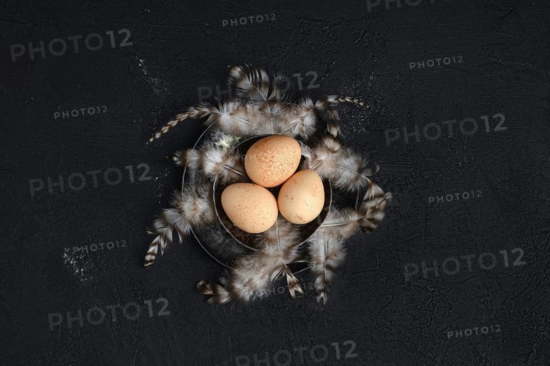Three guinea fowl eggs in metal bowl