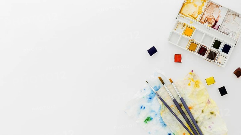 Top view paint brushes watercolors with copy space. Resolution and high quality beautiful photo