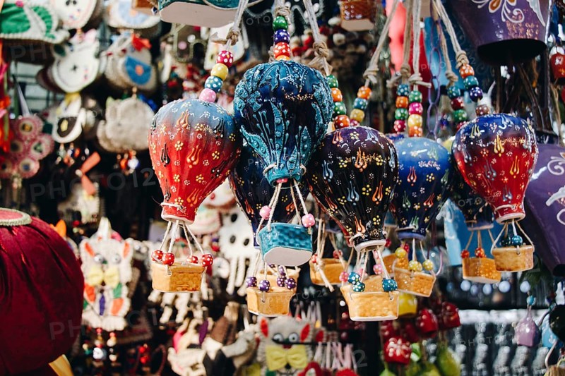Little model colorful hot air balloons in view