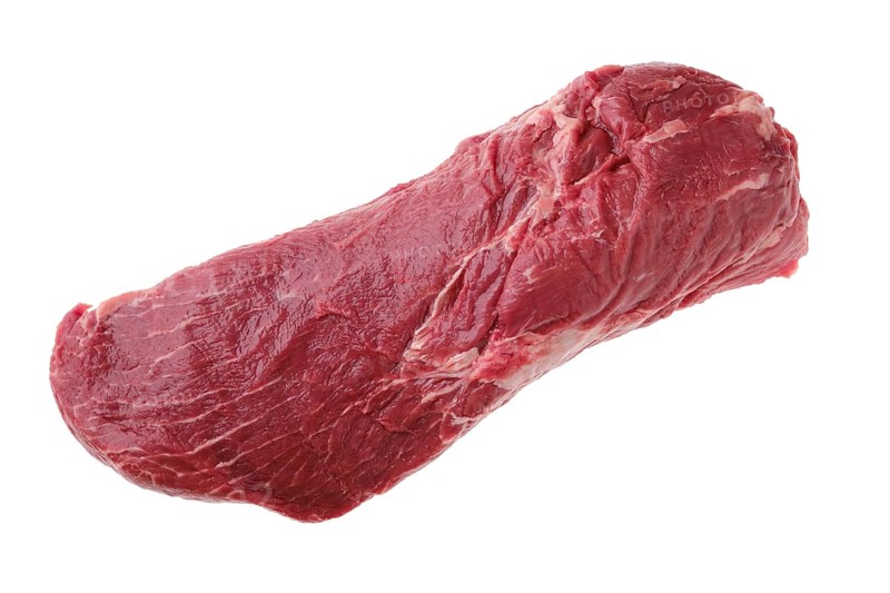 Overhead view of raw beef tri-tip roast isoalted on white background